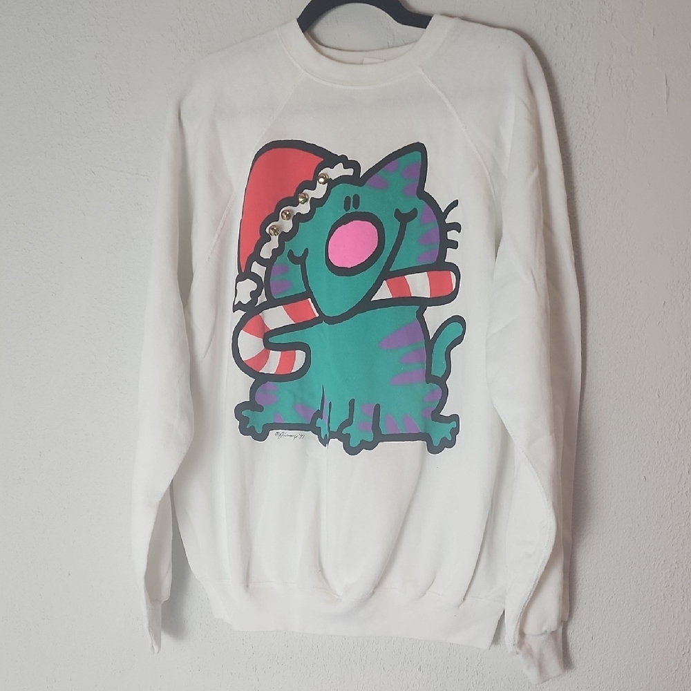 Vintage 1991 Christmas Cat Sweatshirt With Bells